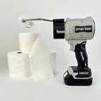 Battery powered streamer launcher setup with spare toilet paper rolls