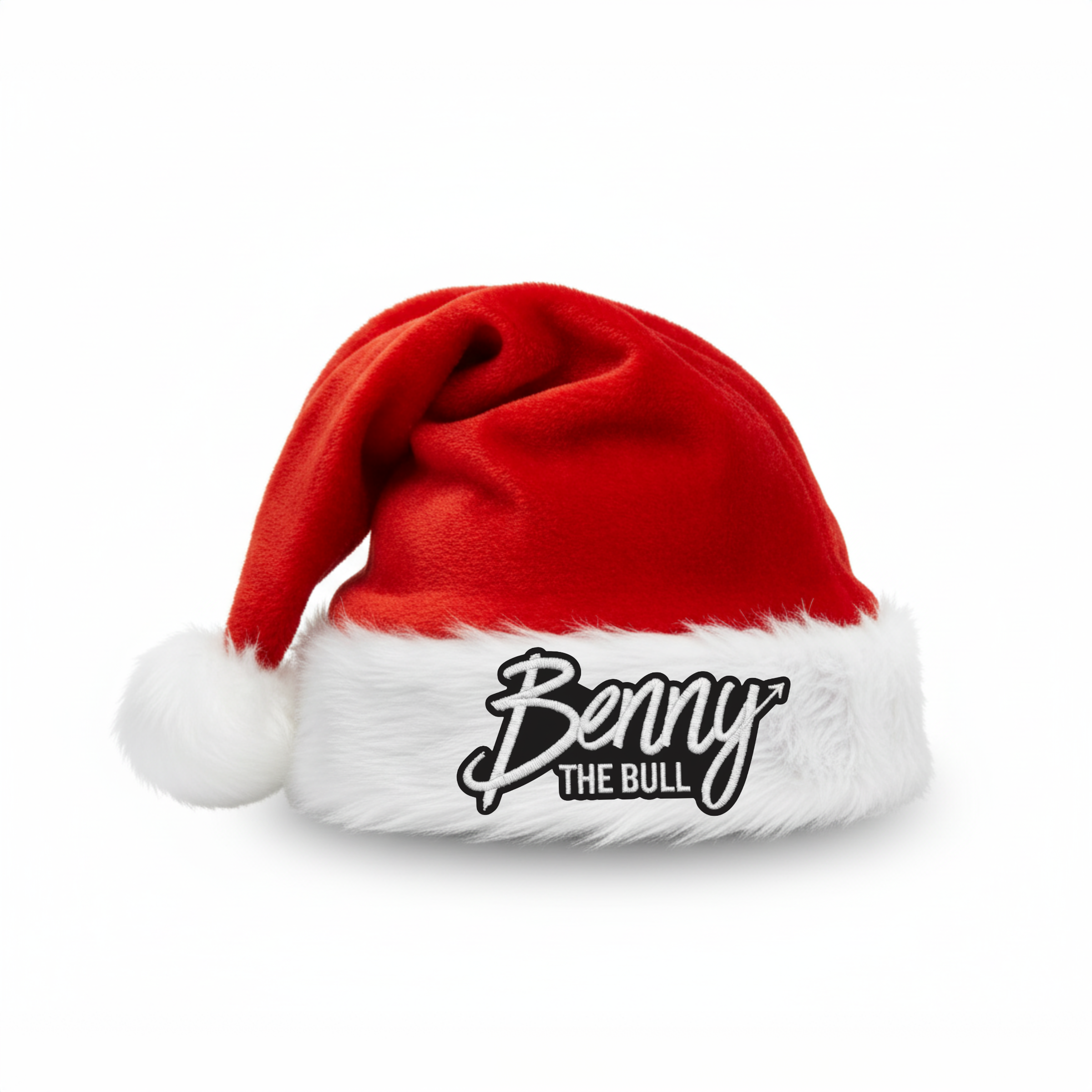Close up of custom embroidered logo patch on mascot holiday hat