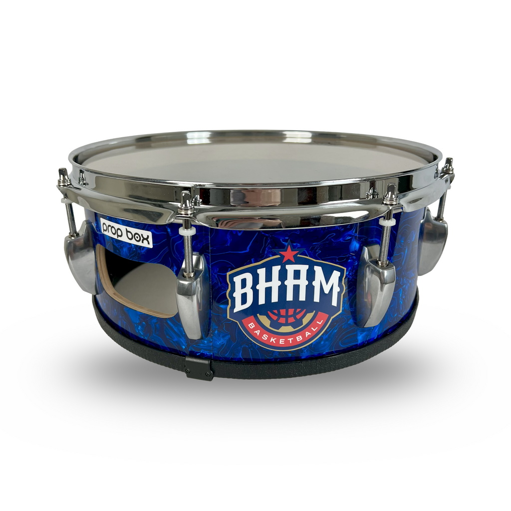 Close up of custom vinyl drum wrap and chrome hardware