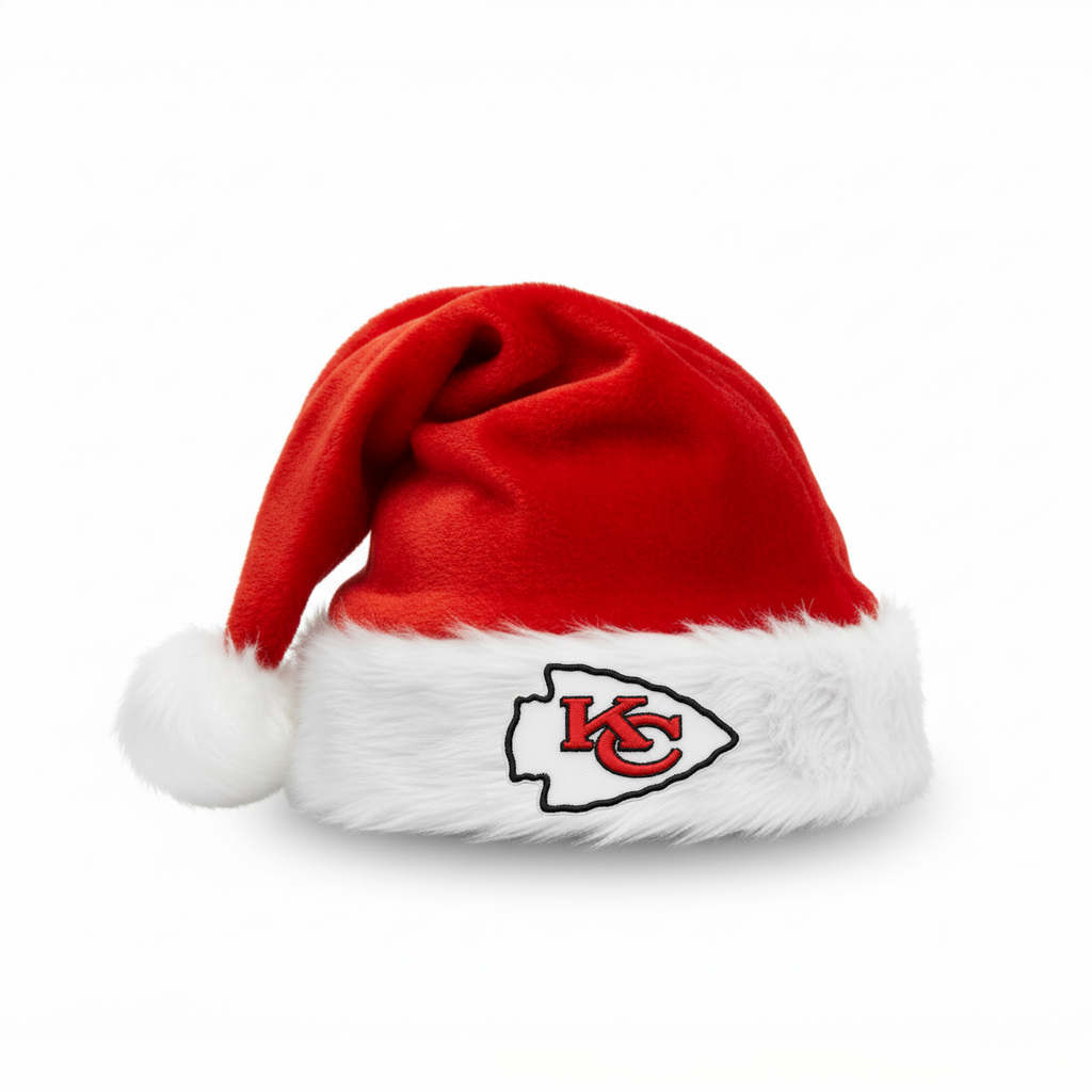 Close up of custom embroidered logo patch on mascot holiday hat
