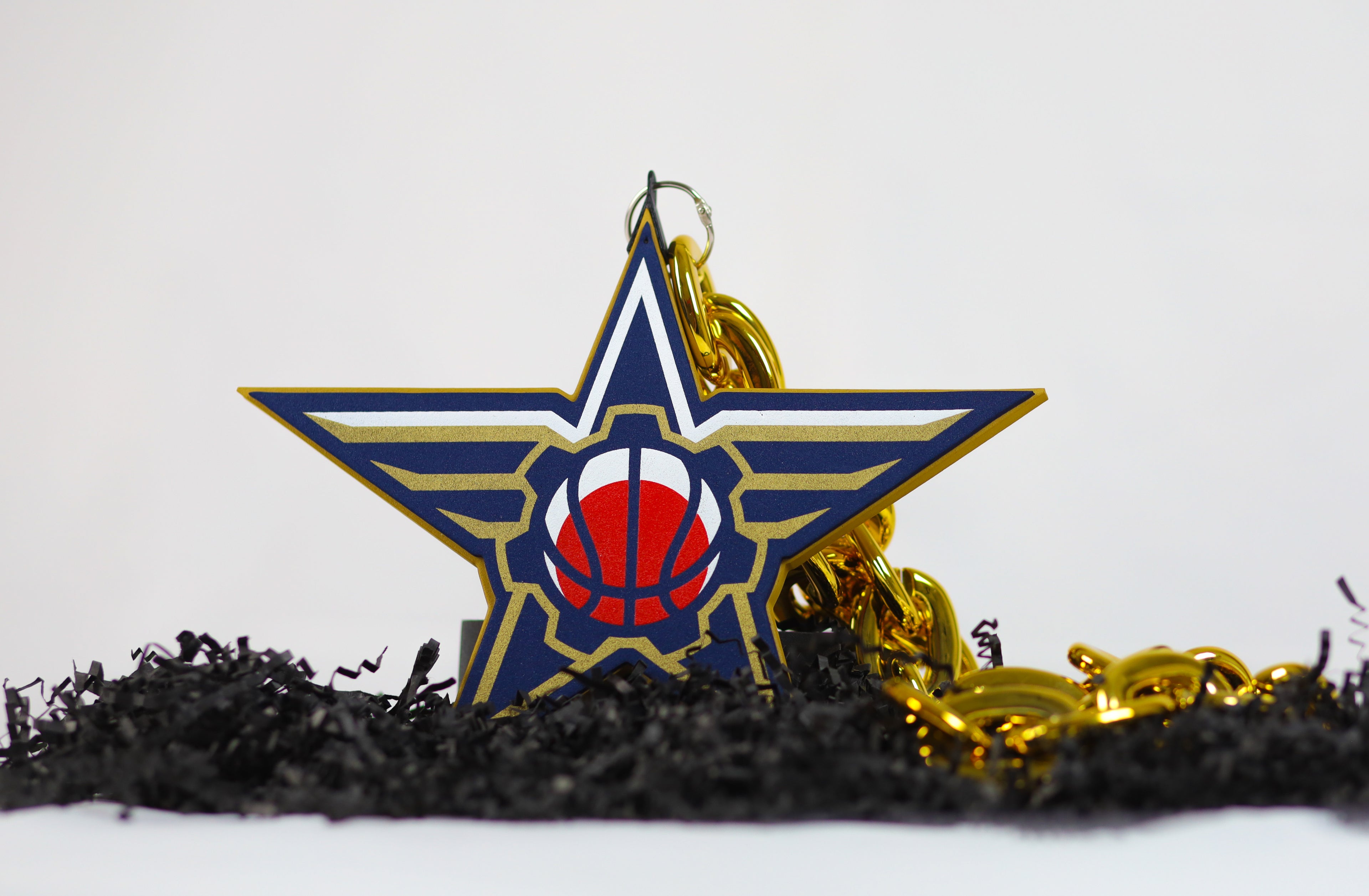 Custom oversized foam star pendant with basketball logo on gold bling chain for MVP awards