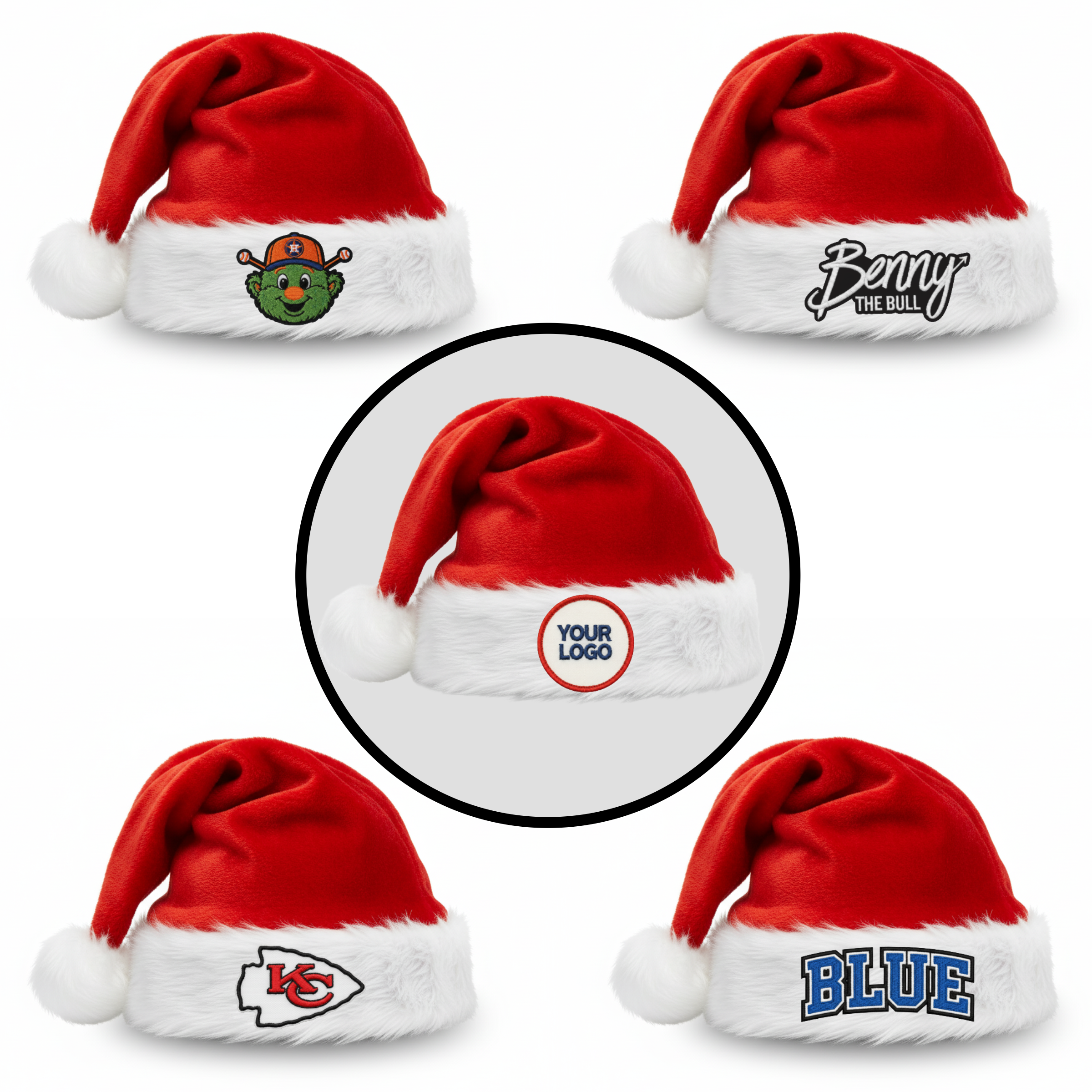 Collection of custom oversized Santa hats for mascots with team logos