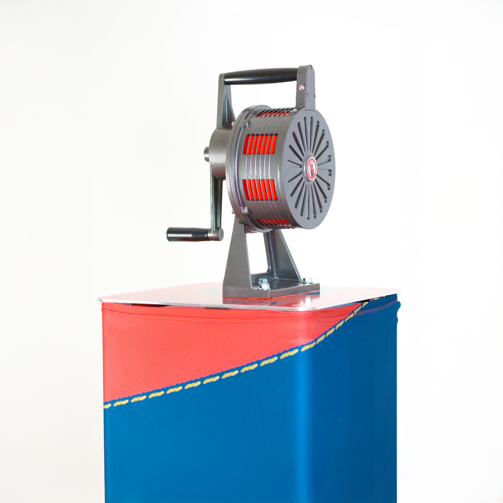 Custom game day siren stand example shown with manual crank