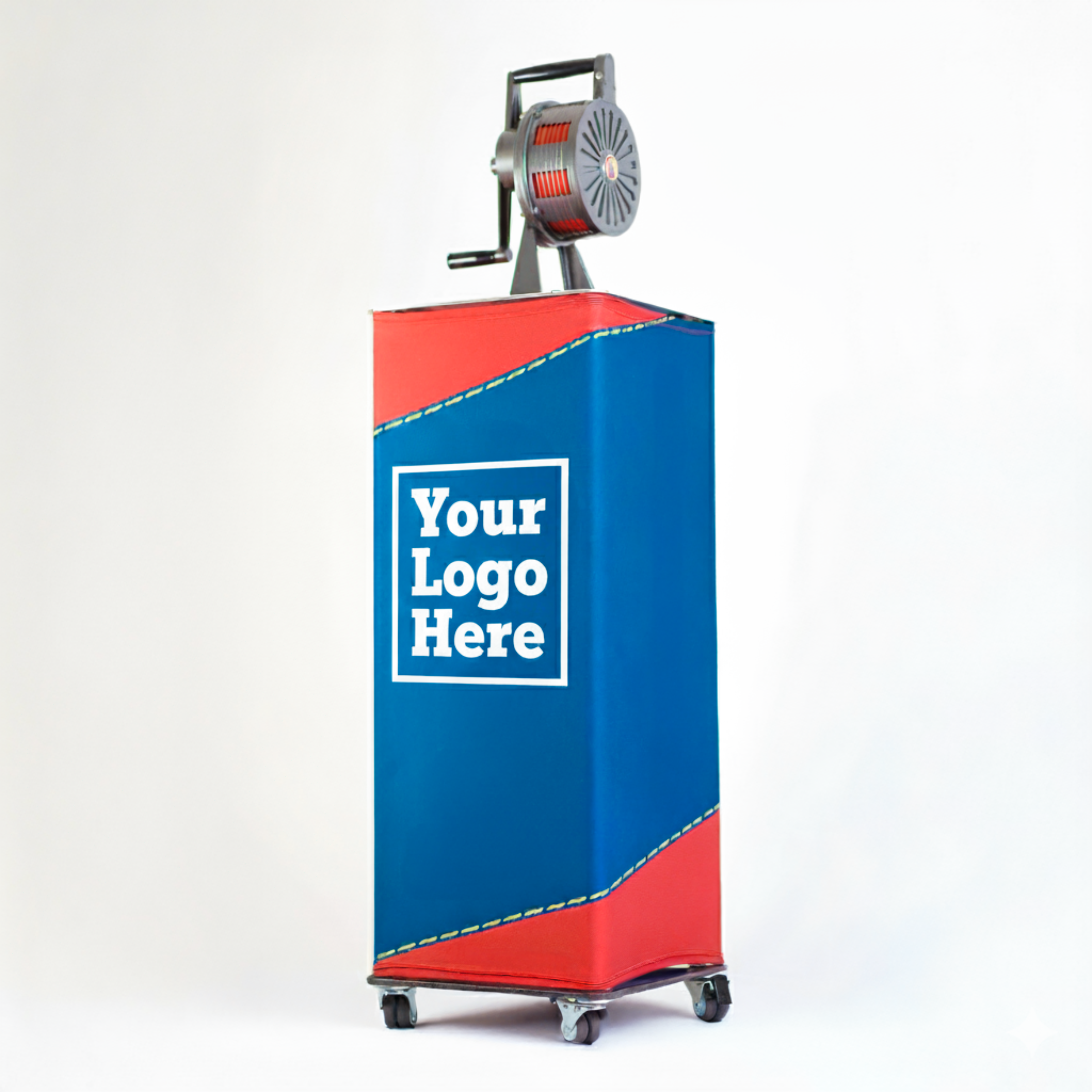 Custom branded event podium shown in team colors with siren mount