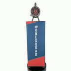 Front view of custom branded sports podium featuring team slogan and game start siren