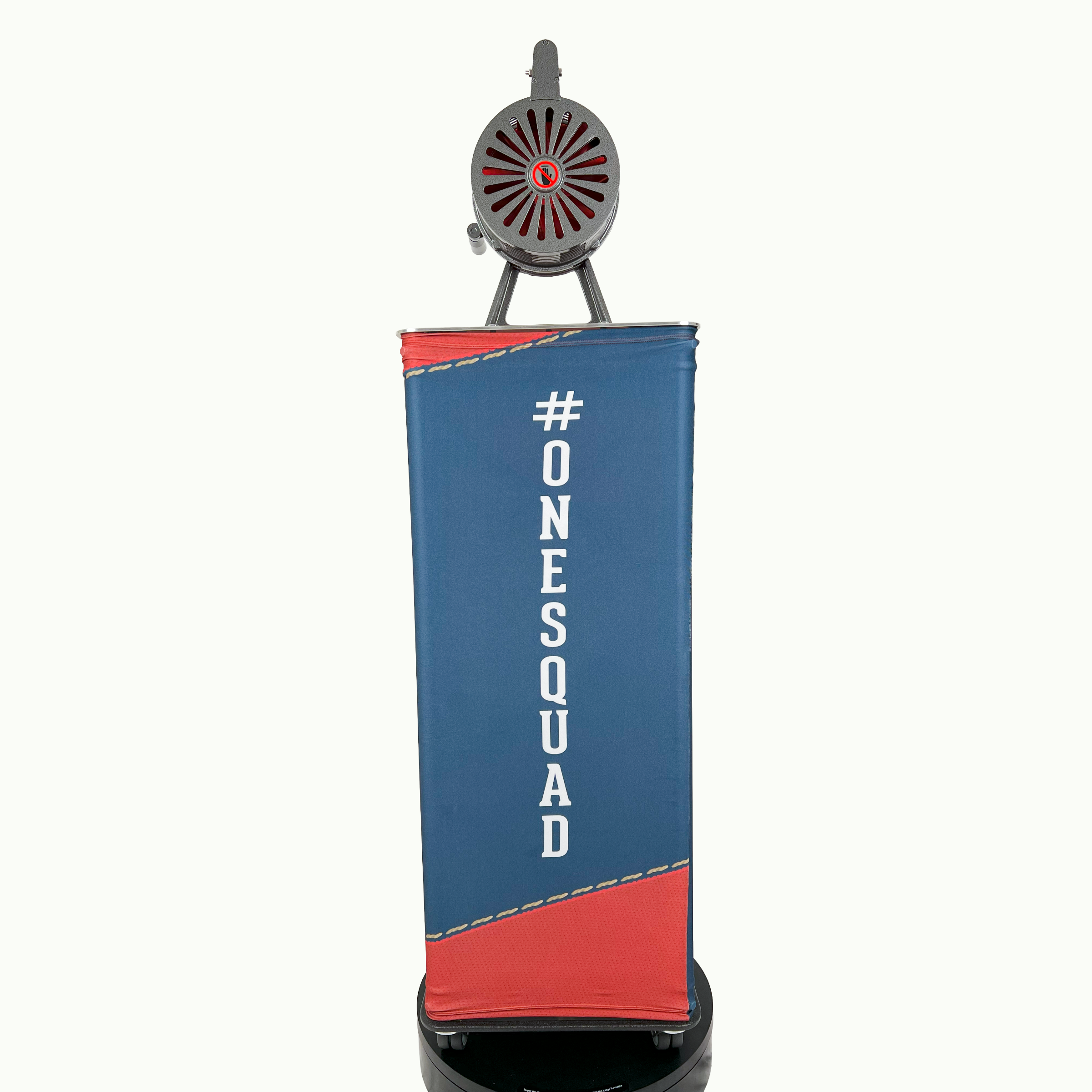 Front view of custom branded sports podium featuring team slogan and game start siren