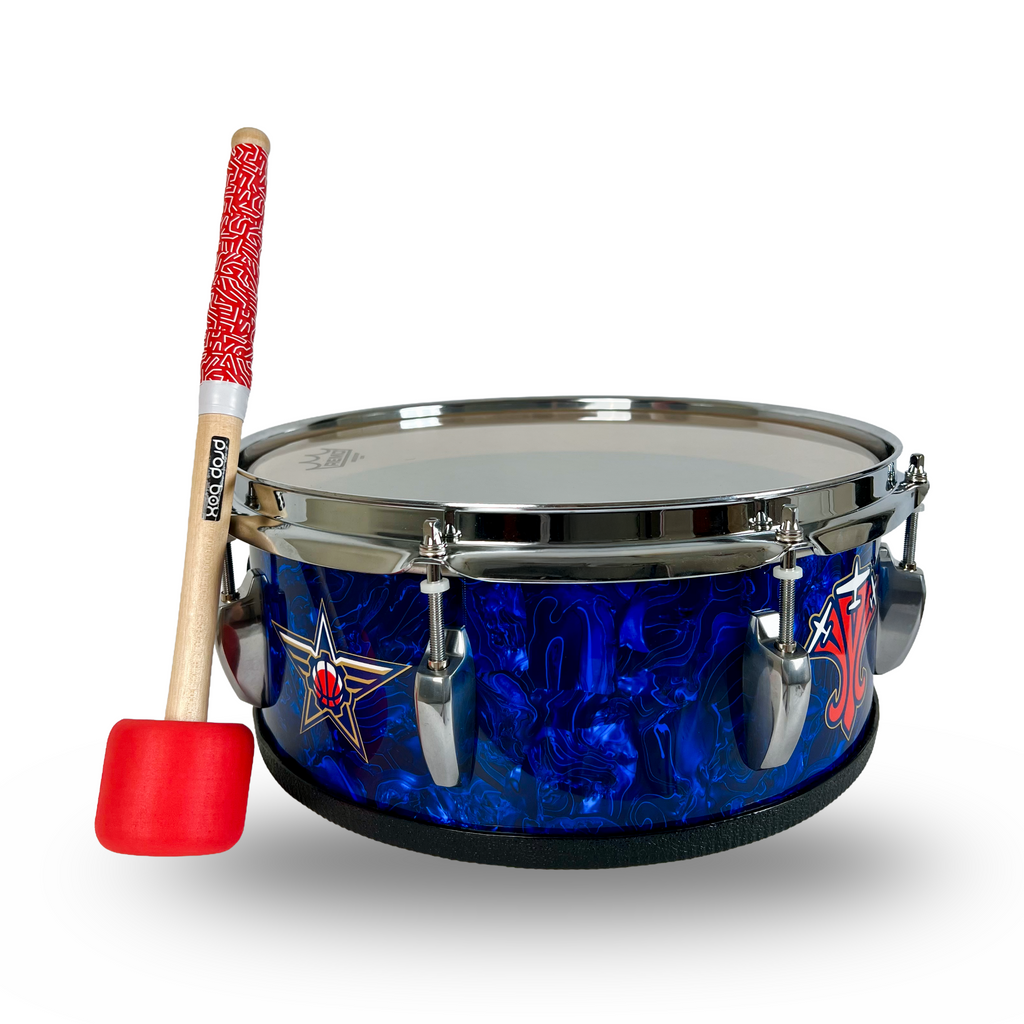 Back view of handheld mascot snare drum, lightweight design for one-handed use