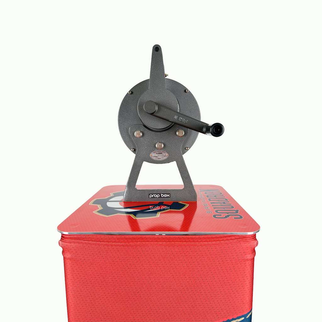 Close up of manual siren crank mounted on durable custom event podium top