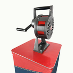Professional air raid siren securely mounted on custom branded mobile podium