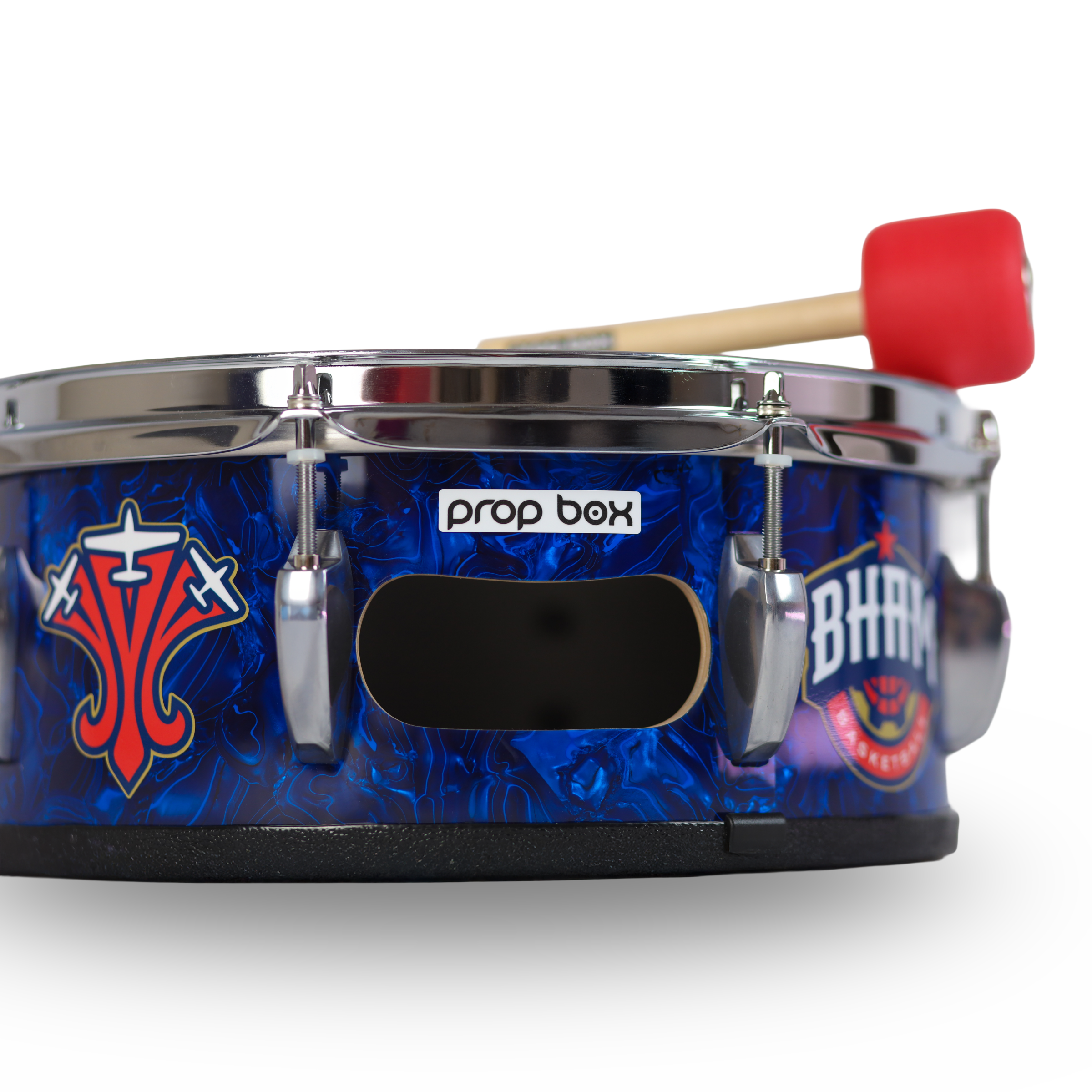 Side view of personalized marching snare drum showing chrome hardware