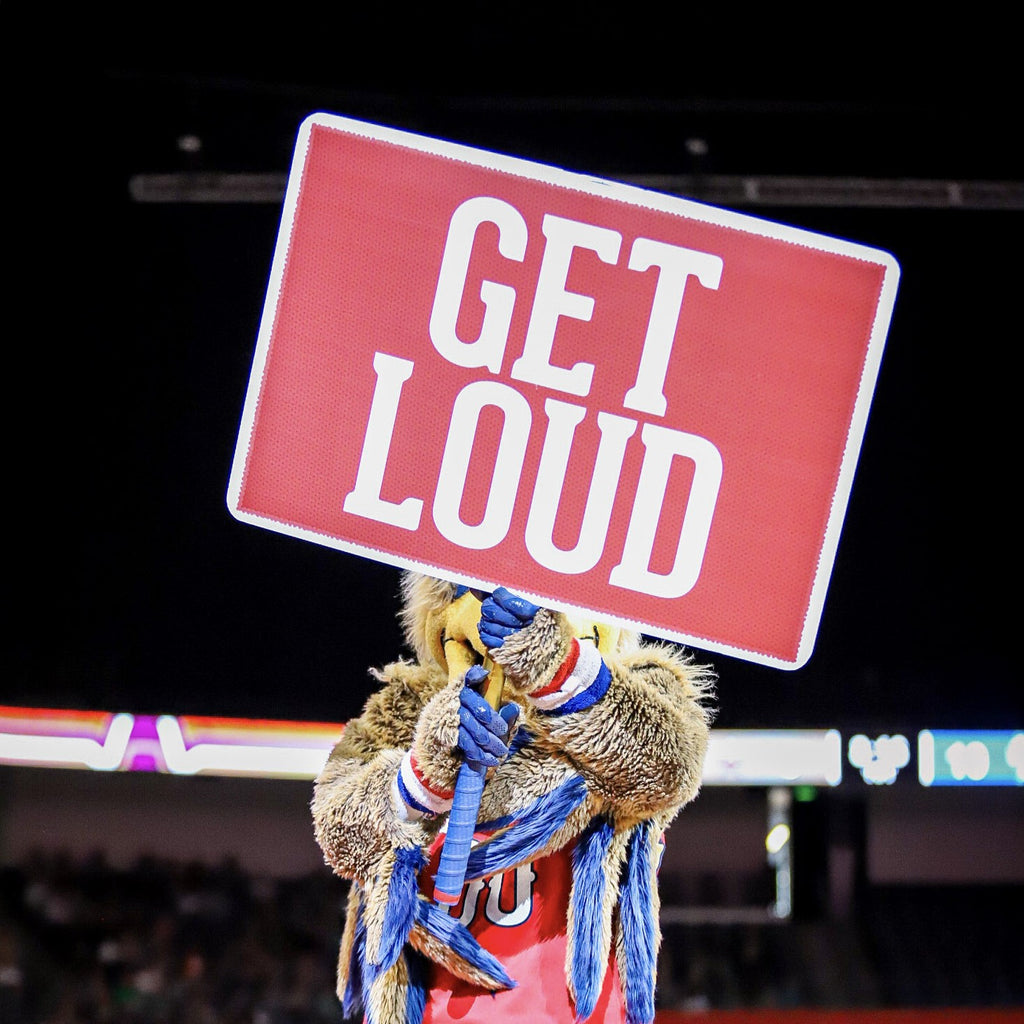 Professional mascot performing with Get Loud crowd prompt sign