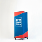 Side view of mobile sports podium showing locking casters and custom wrap
