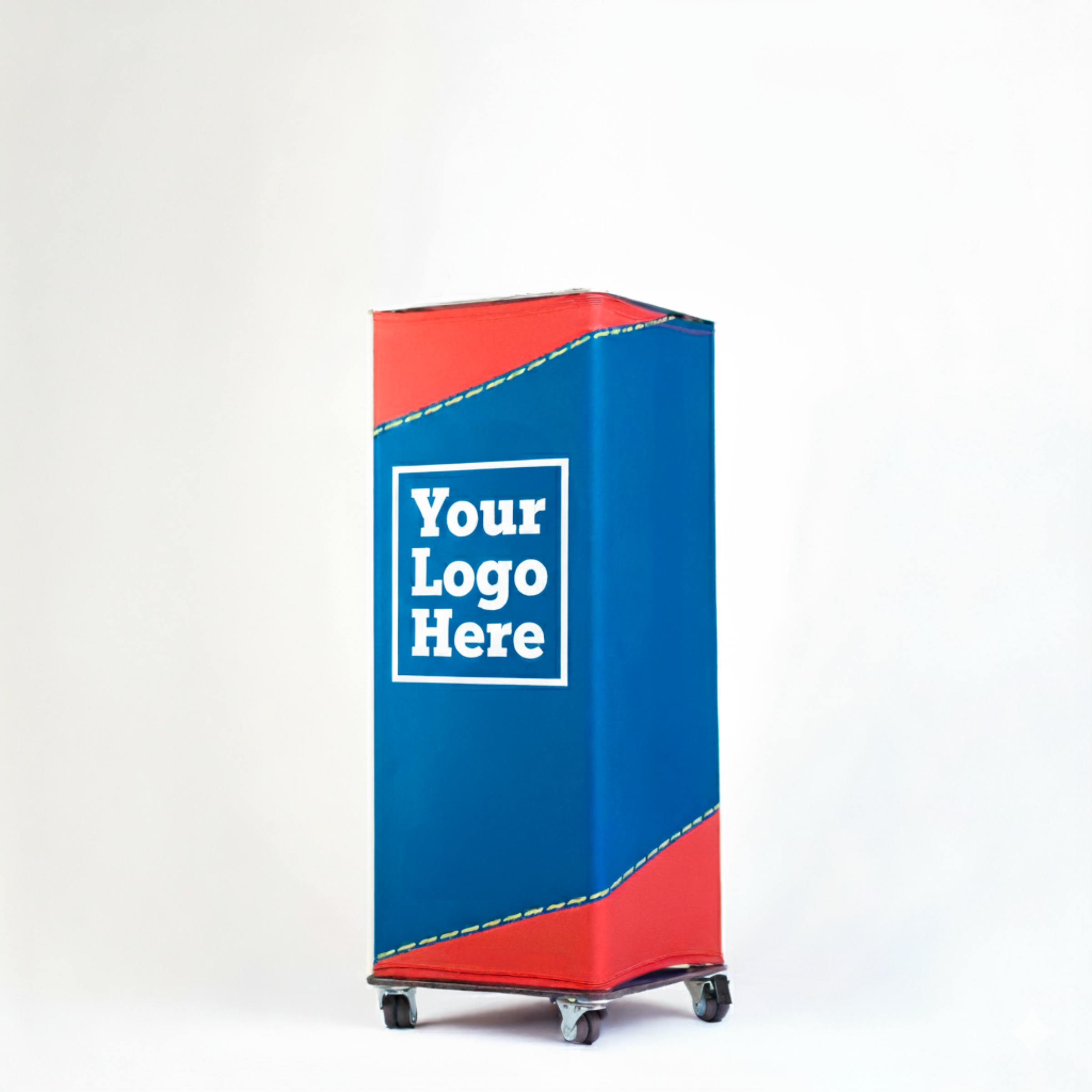 Side view of mobile sports podium showing locking casters and custom wrap