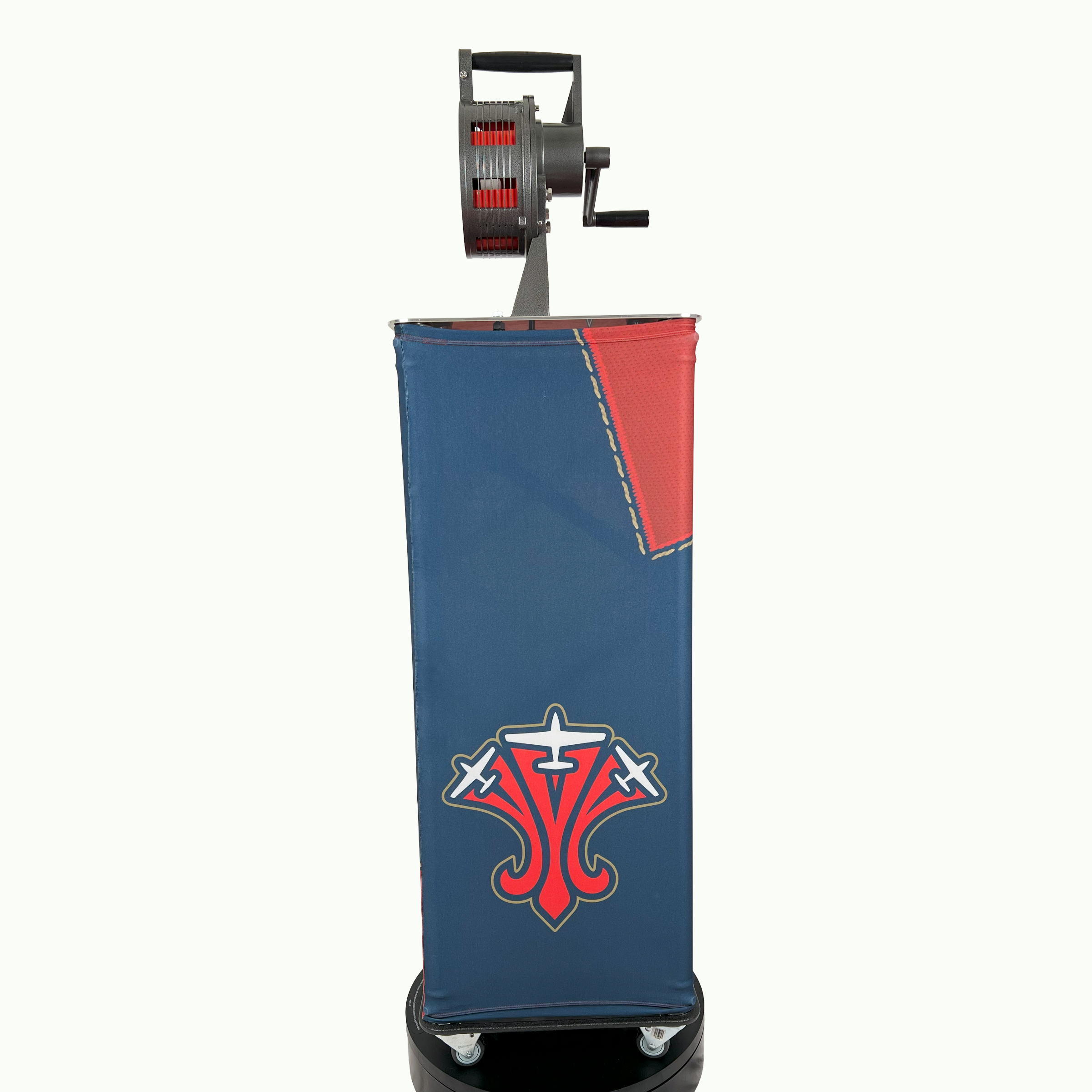 Full view of mobile event podium featuring custom team logo and heavy-duty locking casters