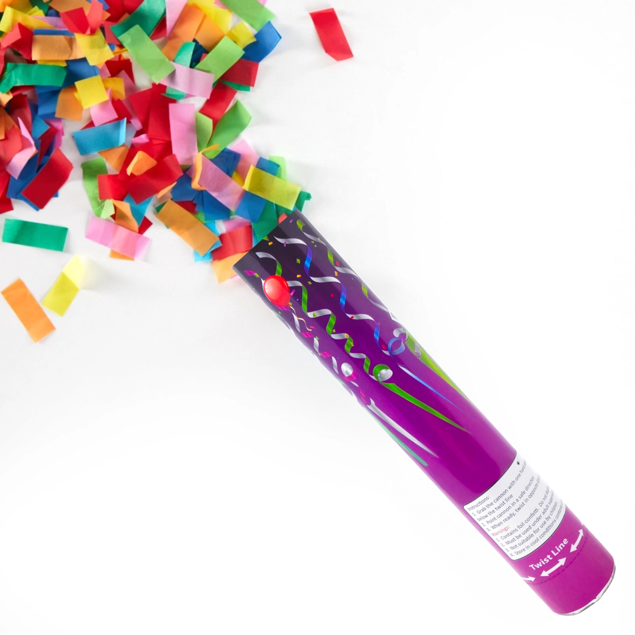 Handheld confetti cannon launching multicolor paper streamers for stadium events